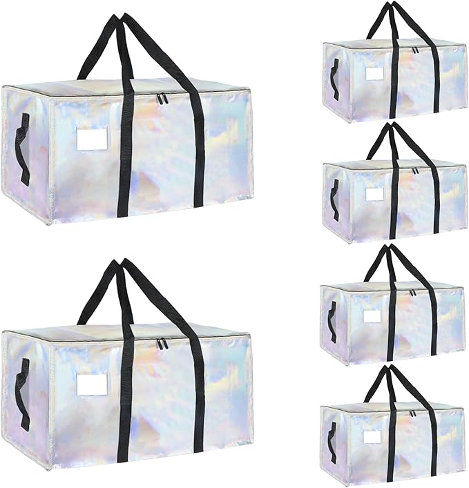 6 Pack-Extra Large Heavy Duty Moving Bags - Waterproof Storage Totes with Handles & Zippers, Foldable for College Dorm, Storage (Shiny Color)