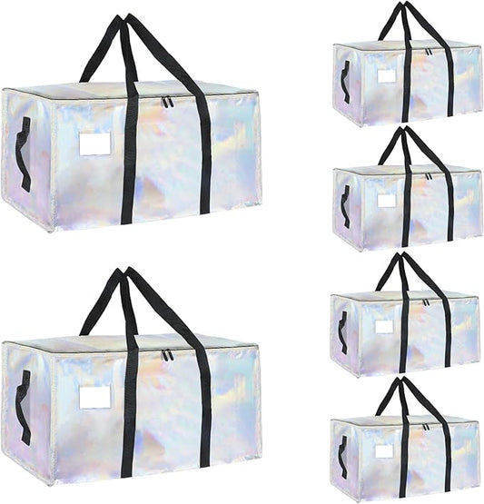 6 Pack-Extra Large Heavy Duty Moving Bags - Waterproof Storage Totes with Handles & Zippers, Foldable for College Dorm, Storage (Shiny Color)