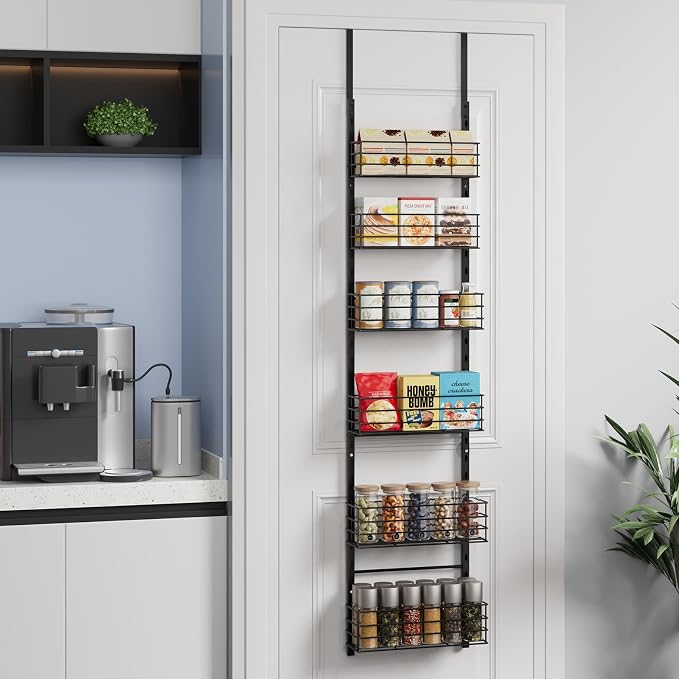 SWTYMIKI Over The Door Organizer - Door Organizer Hanging with 6 Adjustable Metal Large Capacity Basket, Wall Mounted Shelf for Bedroom Closet Bathroom Laundry Pantry Cabinet Kitchen(Black)