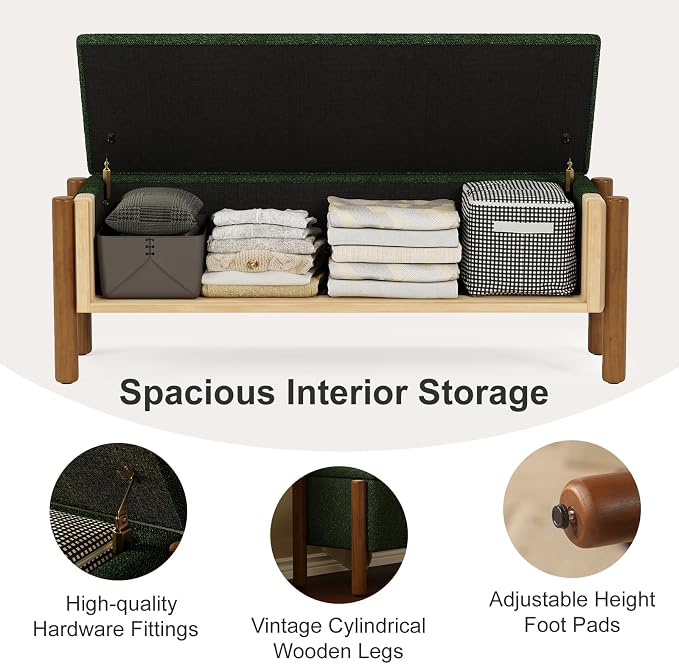 47" Storage Ottoman Bench, Boucle Upholstered End of Bed Bench for Bedroom, Entryway Shoe Bench with Large Storage Space, Heavy Duty Padded Foot Rest Stool Blanket Chest for Living Room, Green
