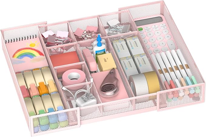 Expandable Desk Drawer Organizer, 10 Adjustable Compartments, Pink | Metal mesh drawer organizer tray with 5 removable dividers, expands from 8.74 to 16 in for office supplies, makeup or tools