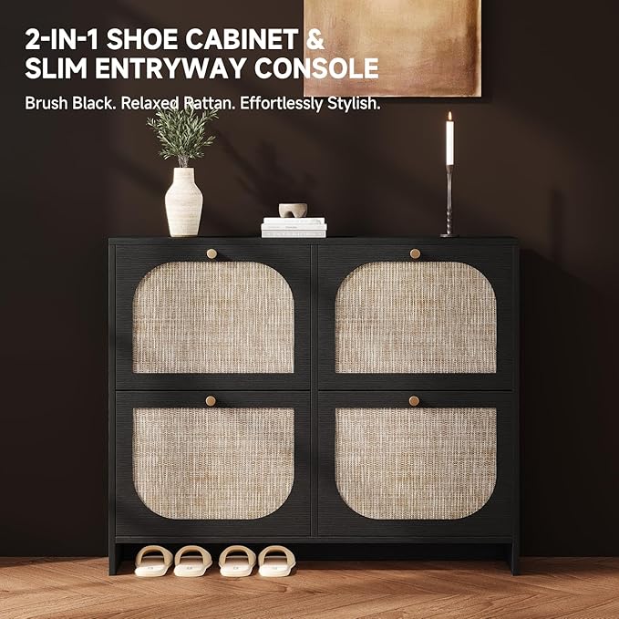 Nicetree Rattan Shoe Cabinet for Entryway, 9.5" Ultra-Thin Narrow Shoe Rack with 4 Flip Drawers, Boho Slim Shoe Storage Organizer with Adjustable Shelves, Anti-Tip Safety, Fits Size 13 Men's Boots