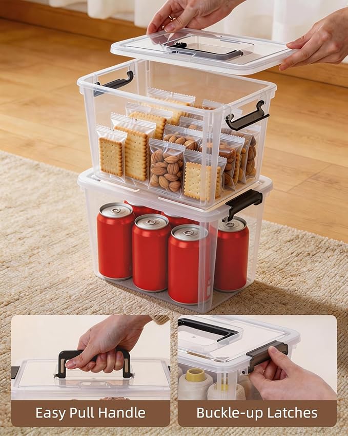 Citylife 6 Packs 6 QT Plastic Storage Bins with Latching Lids Clear Storage Box with handle Stackable Storage Containers for Organizing Snacks, Crafts, Toys, Tools