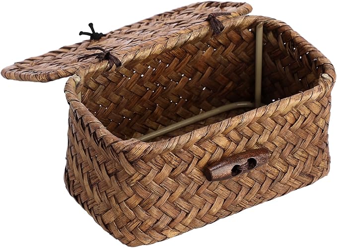 Mini Wicker Basket with Lid, Seagrass Organizer, 4.3"x2.5"x2.1" | Small Wicker Storage Basket Natural Decorative Box for Shelf, Bathroom, Home Decor