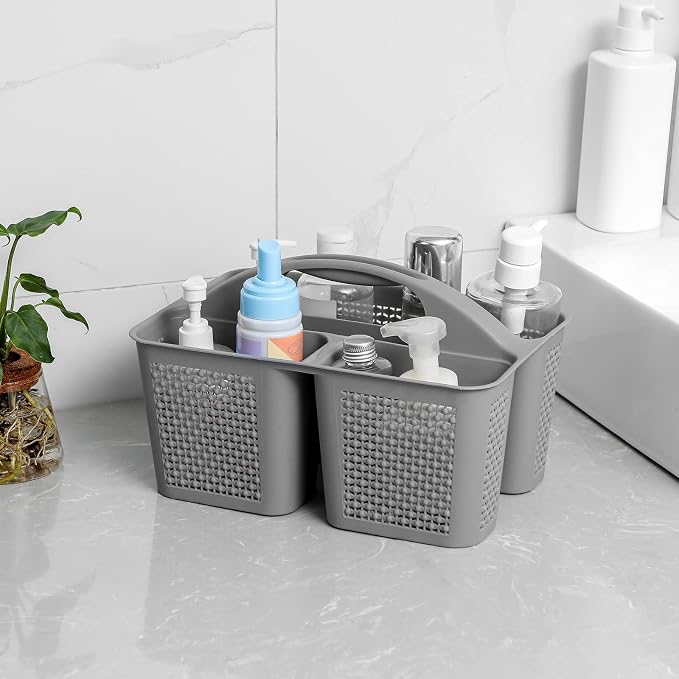 Plastic Portable Shower Caddy Basket with Handle, 3 Compartments, Grey | Storage Organizer with Drain Holes, Sturdy and Durable For Bathroom, Kitchen, College Dorm, Sink, Camping