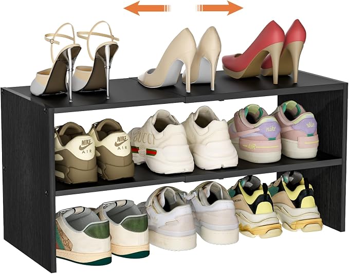Black Shoe Rack Organizer for Closet, 2-Tier Expandable Shoe Shelf, Stackable Iron Wood Combination Small Shoe Racks Shelves for Closets, Entryway,Small Space,Hallway,Garage,6-12 Pairs