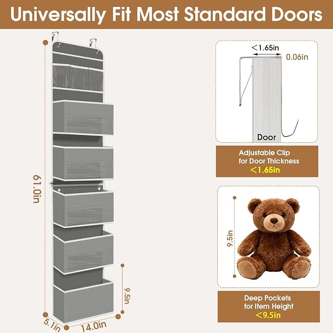 Over The Door Organizer Storage behind Door Hanging Organizer for Nursery | 6 Tier, Detachable, Clear Window, Sturdy Construction, Space-Saving Storage for Closet, Bedroom, Bathroom & Nursery