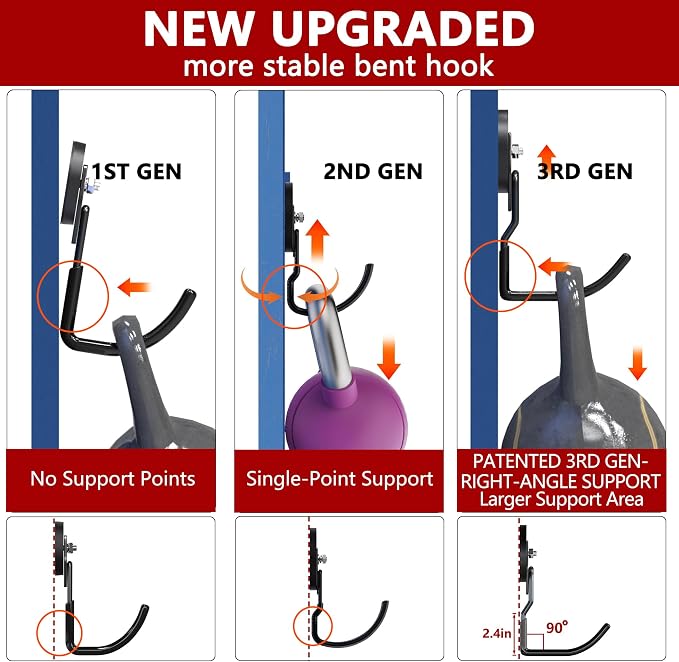 3-H Heavy Duty Magnetic Hooks,No-Drill Garage Power Tool Holder, 4 Pack | Patented Extended Right-Angle Support boosts load capacity. Works on iron & steel surfaces, perfect for workshop,shed