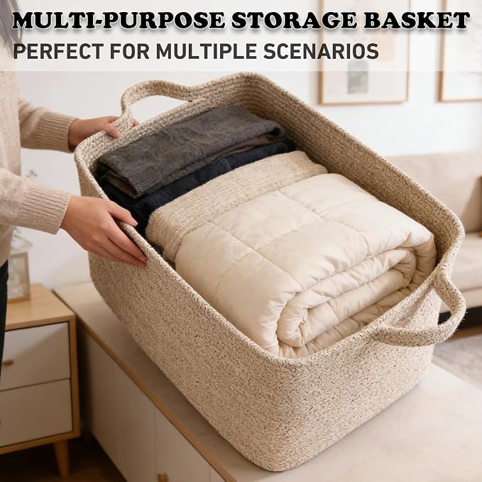 65L Collapsible Woven Rope Laundry Basket with Handles,Brown | 21x16x12 Foldable Rectangular Blanket Basket for Toys, Clothes & Pillows,Ideal for Nursery, Bathroom, Bedroom, Living Room