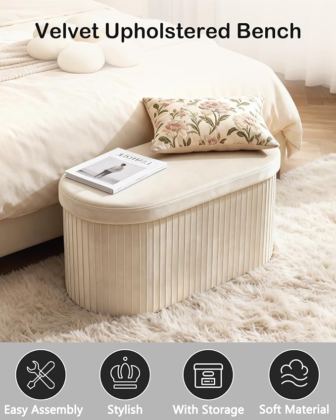 GLAXYFUR Folding Ottoman with Storage, Oval Velvet Storage Bench, Beige | Upholstered Foot Rest, 30 x 15 x 15 Inches Storage Chest for Bedroom, Living Room & Entryway