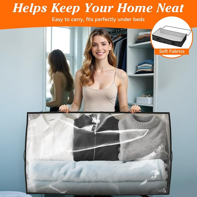 90L Under Bed Storage Containers, Storage Bags, Organizers, 4-Pack, Black | Foldable, Soft Fabric, Closet Organizers, Reinforced Handle, Label Holder, Clear Window, for Comforters, Clothing, Blankets