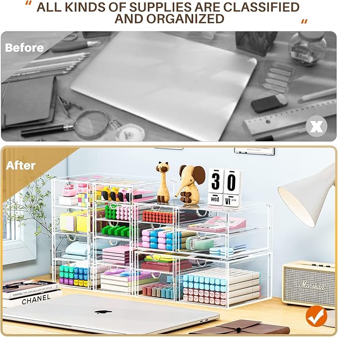caktraie 4-Pack Acrylic 16-Drawer Storage & Makeup Organizer for Desk | Smooth-glide drawers, clear acrylic, stackable, dustproof, wipe clean, for office supplies, pens, jewelry, makeup