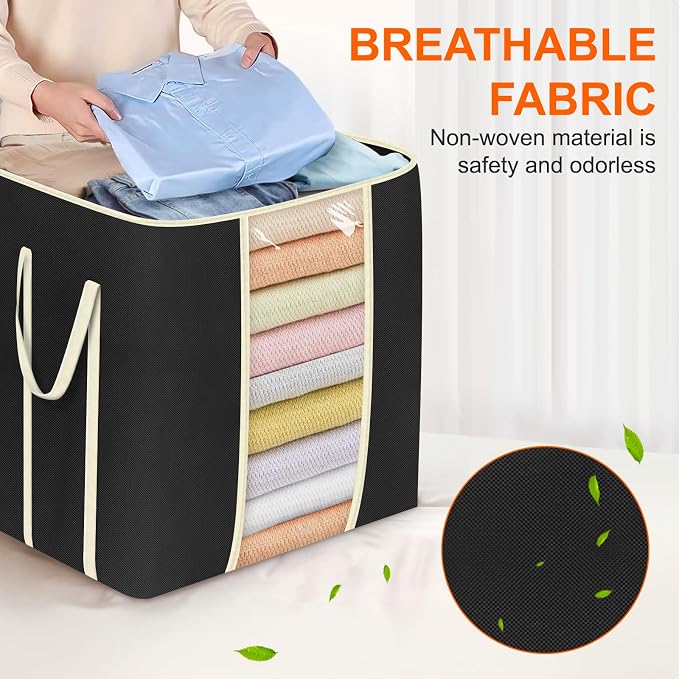 MISSLO King Comforters Storage Bag 120L for Blankets Clothes Sweaters Beddings Organizer with Reinfored Handles Non-Metal Fabric Storage Bin Organizer, Black