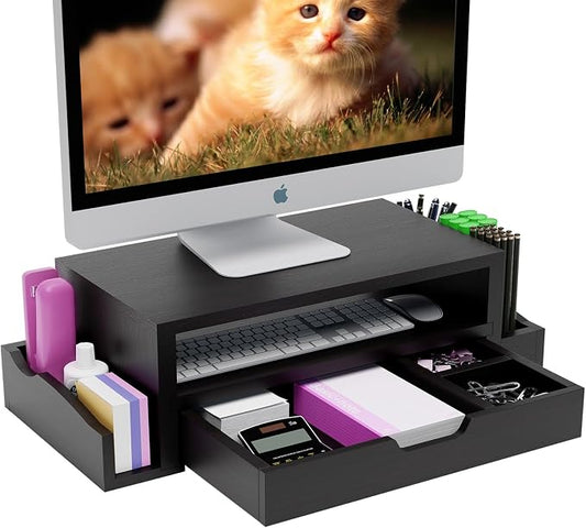 Simple Trending Wood Monitor Stand Riser, Desktop Oraganizer, Black | Desk Organizer and Accessories, Laptop & Printer Stand, Drawer & Pen Holder, for Home Office, 20.25"W x 9.25"D x 5.5"H