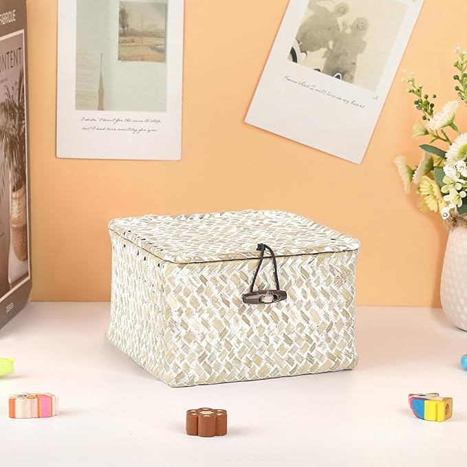 Hipiwe Wicker Shelf Baskets with Lid Woven Decorative Basket Bin, X-small | Handmade Natural Seagrass Storage Box, Household Organizer Bin for Shelf Bathroom Coffee Table Decor Organizer