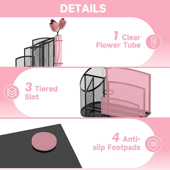 Desk Organizer with 3 Compartment Pen Holder, 3-Slot Mail Organizer and Flower Tube, Metal Mesh Bill Organizer for Pencil, Envelope, Letter and Office Supplies, Black