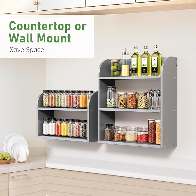 ROMGUAR CRAFT 3 Tier Bamboo Spice Rack, Countertop or Wall Mounting Wood Spice Jars Organizer Shelf for Kitche, Pantry (Grey)
