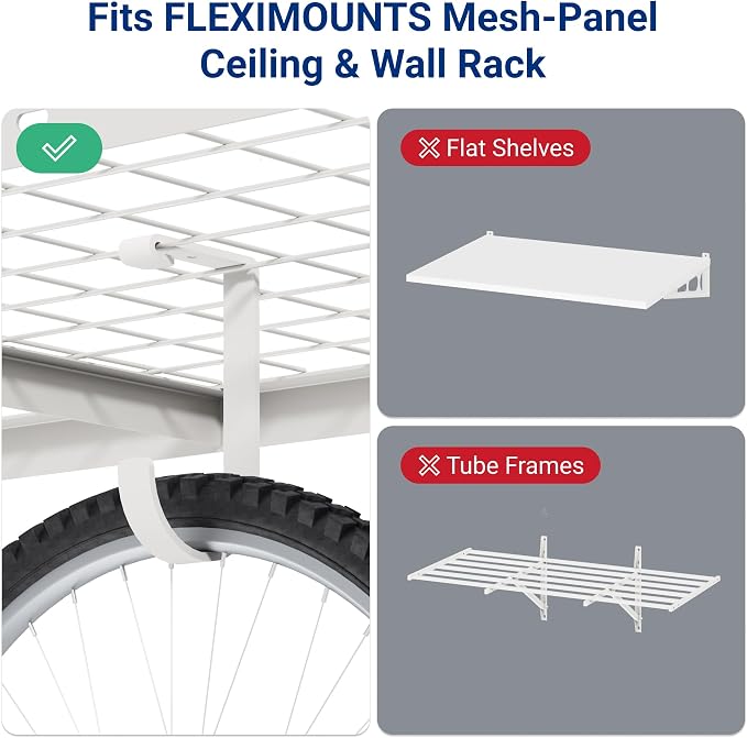 FLEXIMOUNTS 4 Pack Add-On Storage Flat Hooks, White | Accessory for Garage Ceiling Rack and Wall Shelving, Max Weight Capacity up to 50 lbs