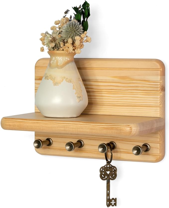 Rebee Vision Key Holder Wall Mount with 4 Hooks for Entryway, Natural Wood | 7-Inch, Pine Wood, Key Holder for Wall, Floating Shelf, Mail Organizer, Plant Display, Small-Space Organizer, Tidy Home Decor