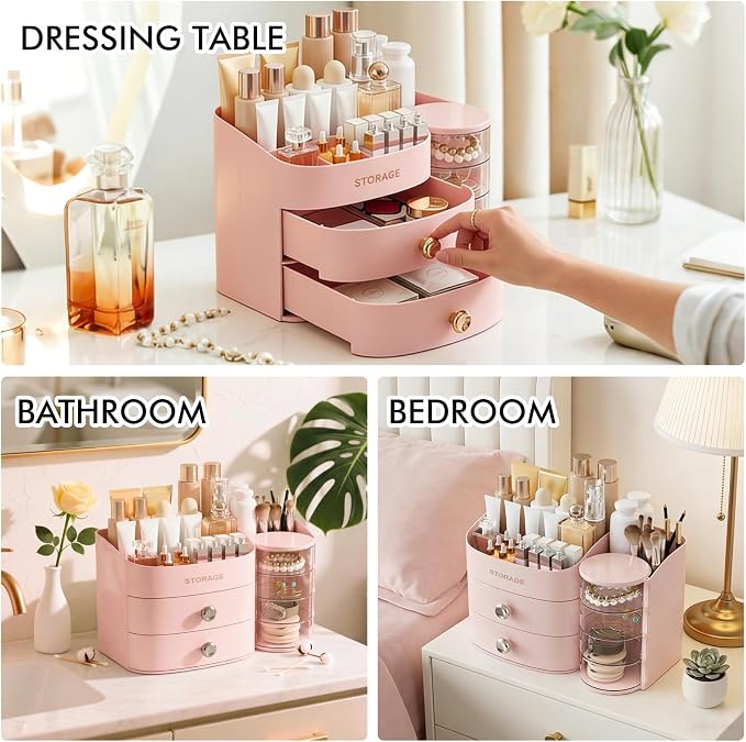 Makeup Organizer Countertop with Drawers, Make up Organizers for Vanity | Skincare Jewelry Earring Organizers, Cosmetic Display Cases Makeup Storage for Bathroom|Dresser, Ideal Gifts for Women(Pink)