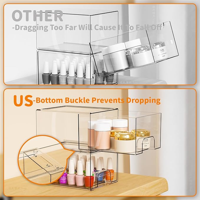4 Pack Clear Stackable Storage Drawers,4.4'' Tall Acrylic Drawer Containers for Organizing,Bathroom Organizers and Storage Bin Box,Plastic Makeup,Medicine Organizer Bins for Cabinet,Undersink