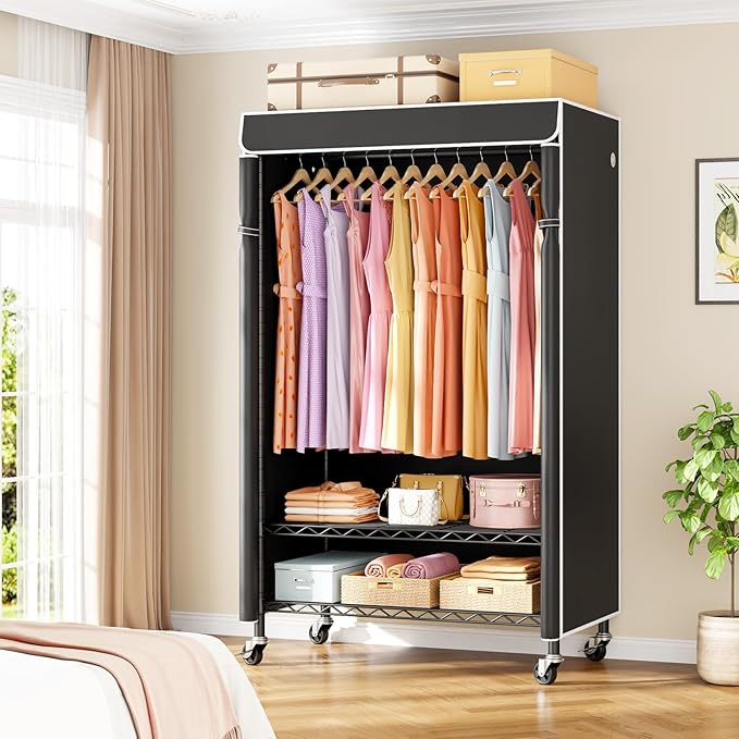P6C Rolling Clothes Rack with Cover, 3-Tier Covered Clothing Rack | Portable Closets for Hanging Clothes, Heavy Duty Garment Rack on Wheels, Black Closet Rack with Black Cover, Max Load 365LBS