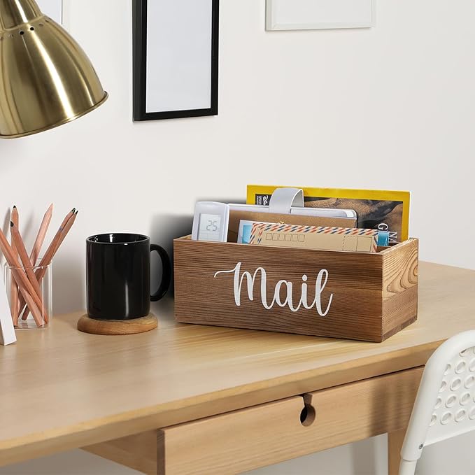 DRASTAR Mail Organizer Countertop, Mail Holder with 3 Slots, Mail Sorter Organizer for Desk, Envelope Holder for Home Office, Burnt Wood