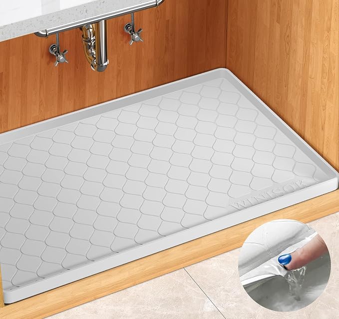 Winisok Waterproof Under Sink Mat 22" x 19", Silicone Mat, White | Raised Edge Traps Spills & Leaks, Shelf Liner, Cabinet Protector, for Kitchen, Bathroom, Boots, Pets, Home Essentials