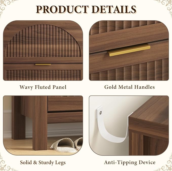 Fluted Shoe Cabinet Storage with 2 Flip Drawers for Entryway, Hallway | Hidden Shoe Rack Slim Freestanding Hidden Shoe Organizer for Foyer, Hallway, Living Room, Walnut