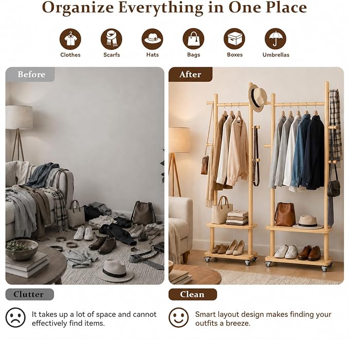 Taitiy Coat Rack Freestanding Solid Wood with Wheels 2 Shelves 5 Hooks | 100% solid rubberwood,hidden 360° silent wheels,2 tier shelves,5 hooks,small clothing rack,entryway bedroom living room