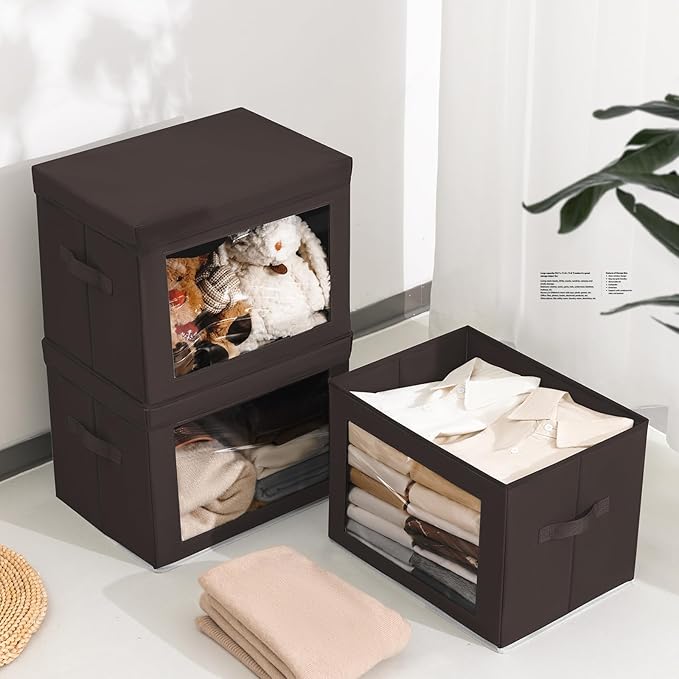 Homsorout Stackable Storage Bins with Lids - Large Storage Box with Lids, Foldable Closet Boxes for Organizing, Wardrobe Clothes Organizer with Window, Cubes Bins for Living Room, 3 Pack, Brown