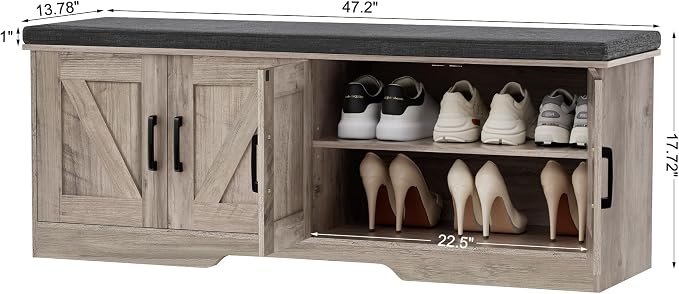 HOMSHO Farmhouse Shoe Storage Bench with 4 Barn Doors & Padded Seat Cushion | 47.2" Wide Entryway Bench with Adjustable Shelves & Hidden Storage, Greige