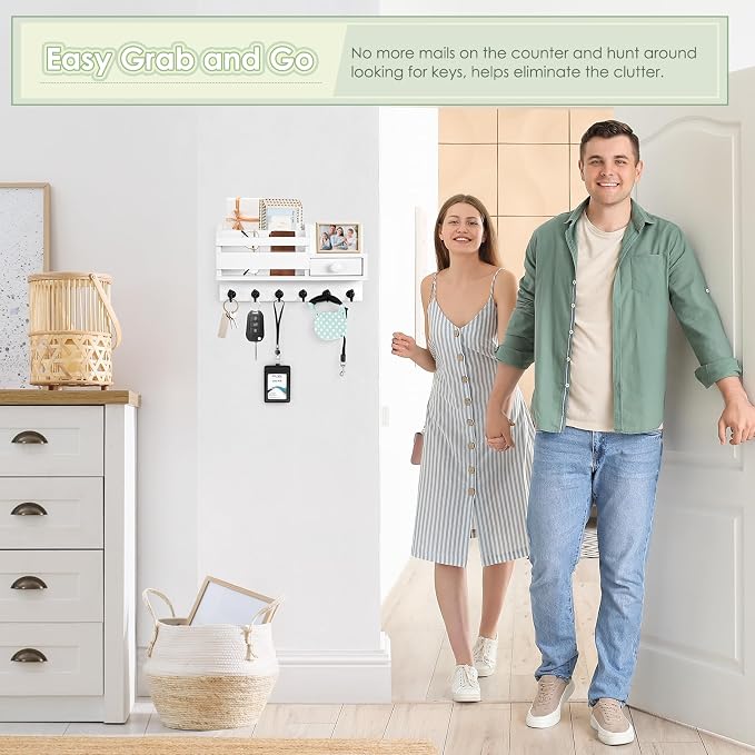 VIS'V Key Holder Wall Mount, Wooden Mail and Key Organizer, White | Contains Little Drawer, Small Shelf, 2 Slots, 6 Hooks, for Entryway, Hallway, Doorway, Kitchen, Garage, RV