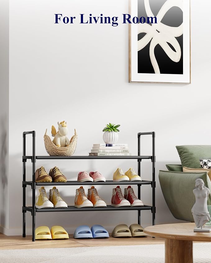 Kitsure Shoe Rack for Closet, Shoe Organizer, 27.6" Wide - 3 Tier, Black | Shoe Storage for Closet, Entryway, Easy- Assembly& Space-Saving Shoe Shelf with Side Handle, Closet Organizer