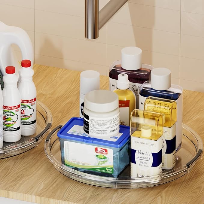 LAMU 4 Pack Lazy Susan Organizer Turntable for Cabinet, Pantry Organizers and Storage, Rotating Condiment Organizer for Kitchen, Table Top, Fridge, Countertop, Spice Organization, 12''x2, 10.6''x2