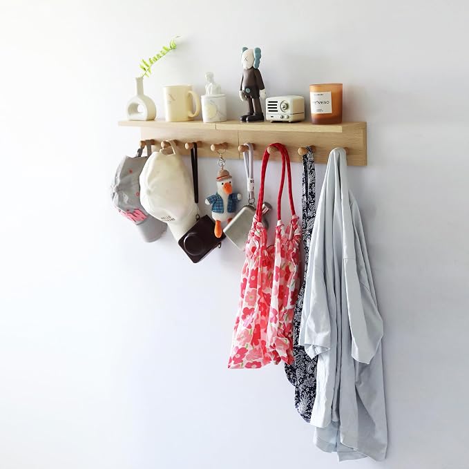 Entrance Coat Rack ，Coat Hooks, Wall-Mounted Wooden Hook Rack, Wall-Mounted Shelves(Oak Color Finish—A-2)