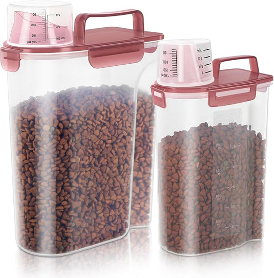 LEAWALK 2Pack Cat Dog Food Storage Container Upgraded Large Nozzle BPA-free, 3+5lbs Plastic Pet Food Containers, With 4 Sealed Clasps/1 Measuring Cup/Handle Easy Clean and Carry (Clear Pink)