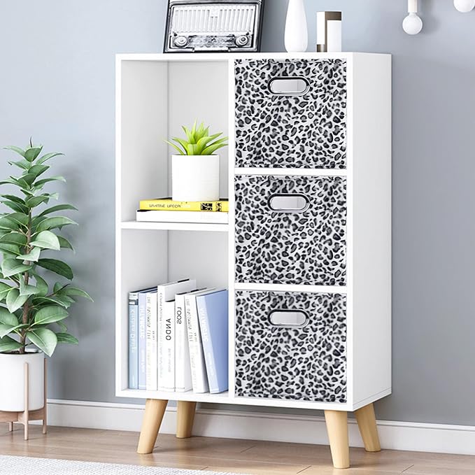 ANMINY Leopard Cheetah Print Storage Cubes Bins, Velvet, Gray, 11Inch 4PCS | Collapsible & Washable, PP Board Frame, Built-in Metal Handles, Animal Themed Fabric Cubes Baskets for Closet Shelves Decor