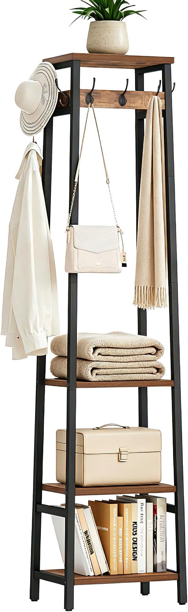 Coat Rack Freestanding with 3 Shelves and 7 Hooks | Coat Stand, Hall Tree Free Standing, Clothes Rack Stand Organizer, Industrial Style, Rustic Brown and Black