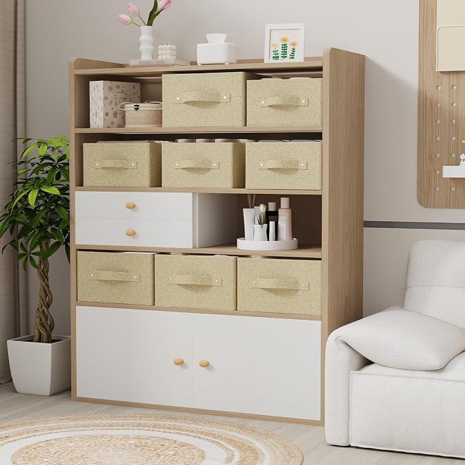 Storage Bin with Reinforced Stitching,Yellow,16.1x9.8x6.4in,3 Pack | Fabric Storage Baskets with Soft Cloth Handles, Thick PP Panel Wardrobe Containers,Wipeable Drawer Boxes for Closet Shelves