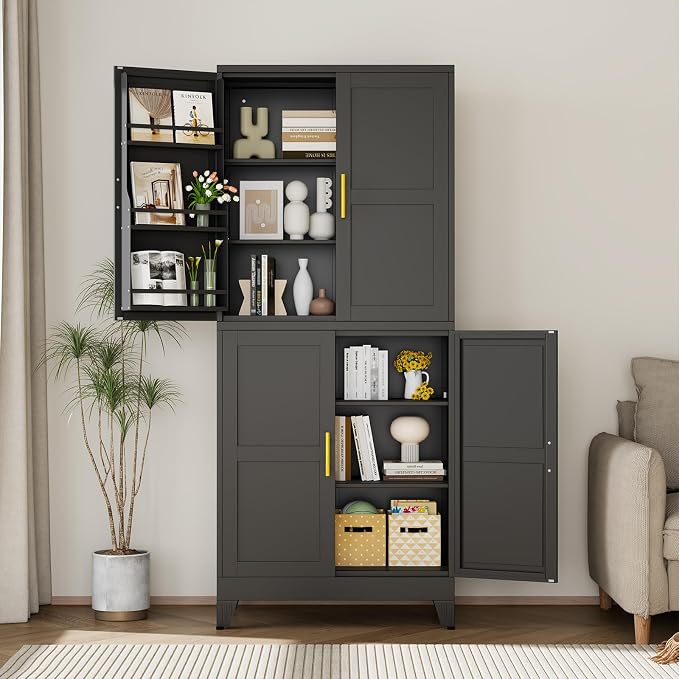 75" Tall Metal Kitchen Pantry Storage Cabinet, Freestanding Cupboard Storage Cabinet with 4 Doors and 4 Adjustable Shelves, Large Stand Up Food Cupboard for Dinning Room, Bathroom（Black）