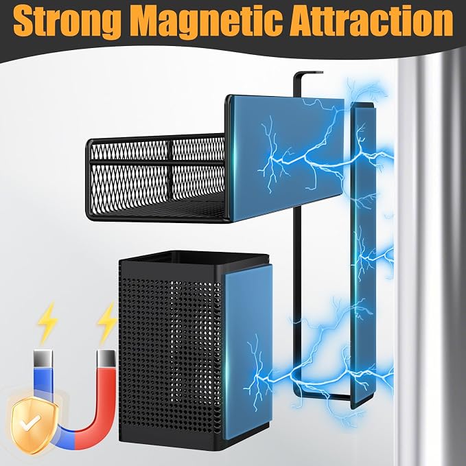 Magnetic Spice Rack for Refrigerator, 6 Pack 100% Metal Strong Magnet Shelf Black, Space Saving Spice Organizer, Home Kitchen Laundry Room Storage Organization W/ Paper Towel Holder, Utensils Racks