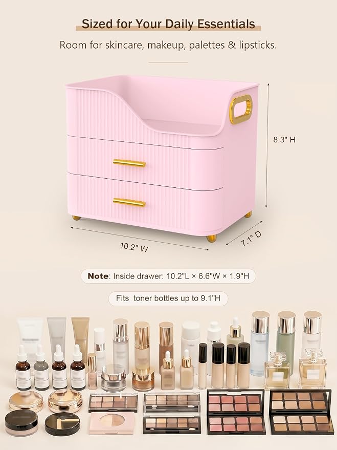 Booklov Large Makeup Organizer for Vanity, Bathroom Countertop, Pink | Plastic Cosmetic Display Case with Drawers, Beauty Brush Holder for Dresser Counter Skincare Eyeshadow Lipstick Storage