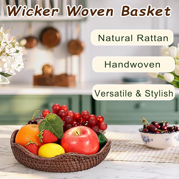 Hipiwe Decorative Key Bowl 8.5" Round Basket Bowl Handwoven Rattan Basket | Wicker Storage Basket Decorative Basket for Entryway Coffee Table Livingroom Fruit Bread Serving Tray, Brown