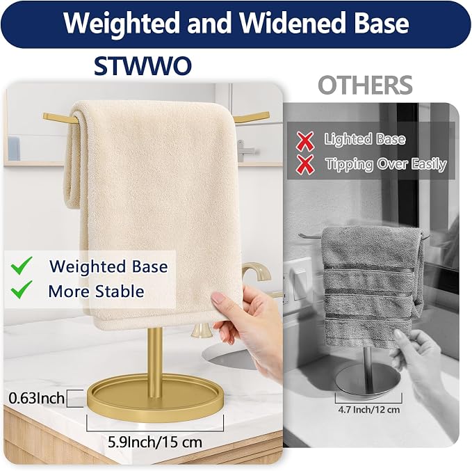 STWWO Hand Towel Holder | Stainless Steel Towel Holder Stand for Bathroom, Kitchen Countertop, T-Shaped Hand Towel Rack Stand, Gold
