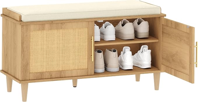 Akxomel 39.4" Rattan Shoe Storage Bench 2 Doors Wooden Entryway Bench Oak | 2 Tier Shoe Bench with Padded Cushion, Adjustable Shelves and 2 Doors, Solid Wood Legs, for Hallway, Living Room, Bedroom