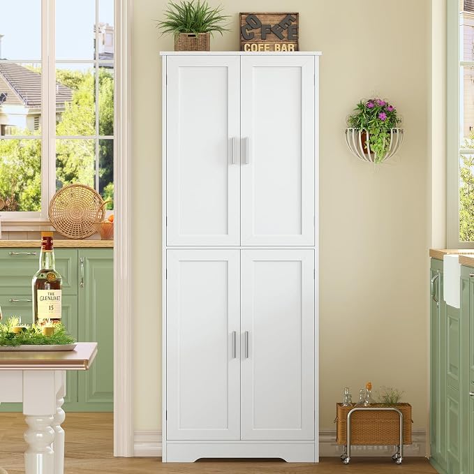 TEENFON 67” Storage Cabinet, Kitchen Pantry Cabinet with 4 Doors and 2 Adjustable Shelves, Cupboard, Tall Bathroom Cabinets for Dining Room, Living Room, White