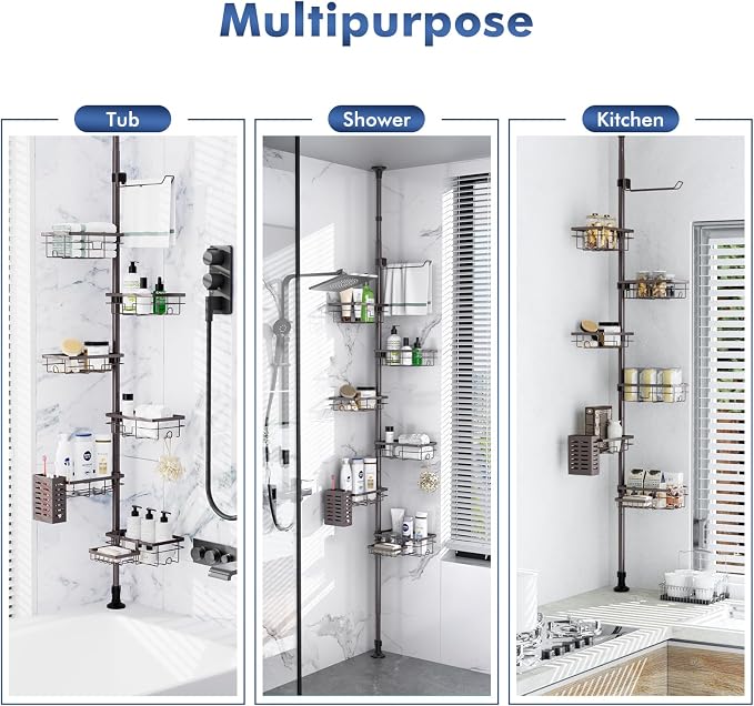 Corner Shower Caddy Tension Pole, Bathroom Organizer and Storage for Shower | Adjustable 30-120 Inch Shelves, 6-Tier Shelf, Rustproof Towel Bar & Soap Dish &Toothbrush Holder Shower Rack