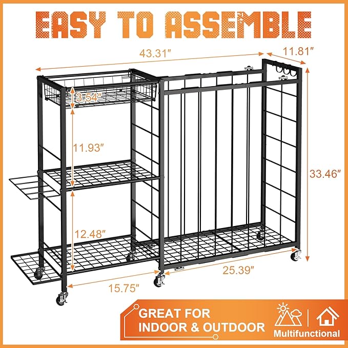 Ball Storage with Elastic Rope for Sports and Outdoors, Garage Organization with Wheels for Sports Gear and Toys, Large-Capacity Sports Equipment Organizer with Baseball Bat Holder and Basketball Rack
