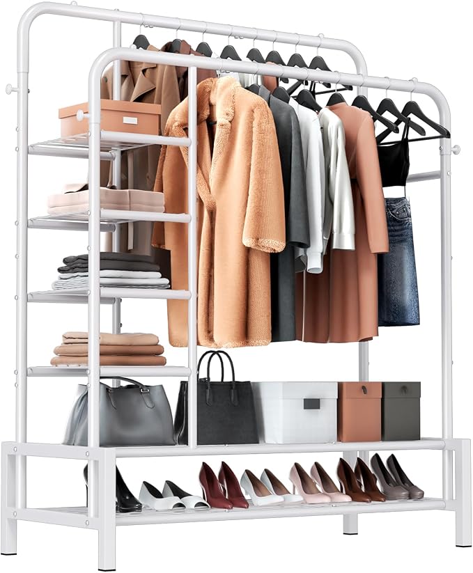 Clothes Rack with Shelves, Double Rods Clothing Rack for Bedroom, White | Metal Garment Rack for Hanging Clothes, 2 Bottom Shelves & 4 Side Shelves, 220 LBS Clothes Racks for Laundry Room, Dorm Room